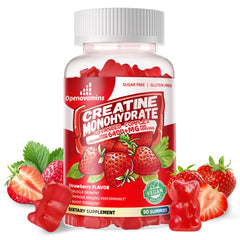 Openovomins Creatine Gummies strawberry bottle close-up, sugar-free energy support for workouts.