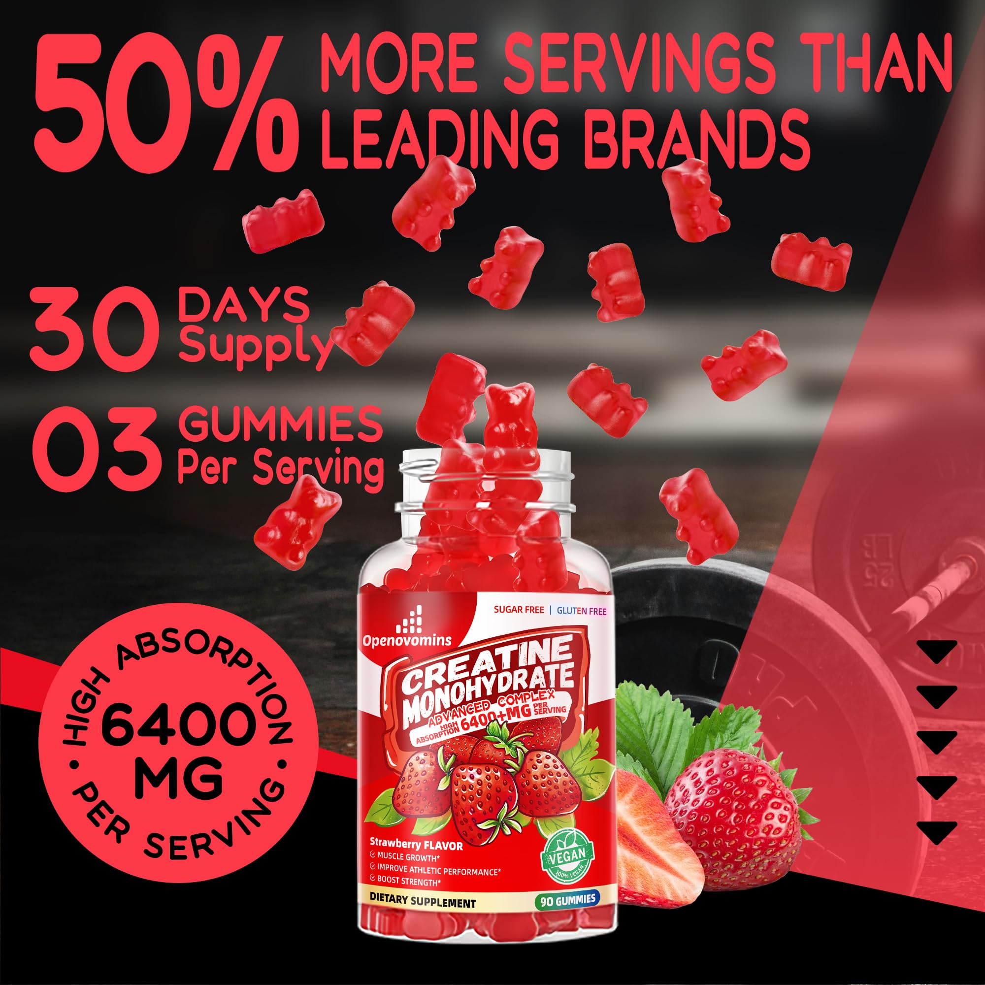 Openovomins Creatine Gummies strawberry-flavor closeup, inviting taste during training.