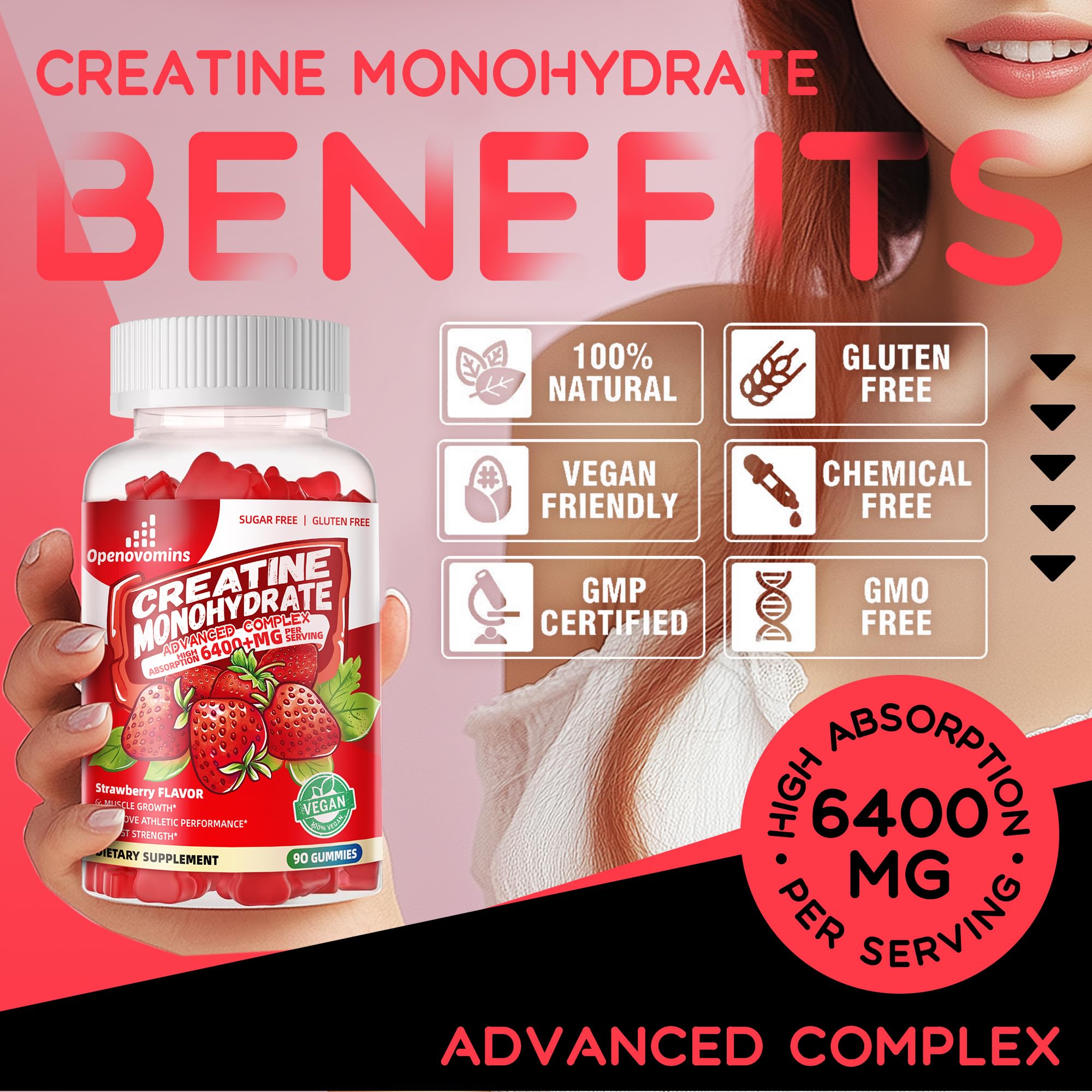 Openovomins Creatine Gummies sugar-free-badge, appealing as a tasty, guilt-free supplement.