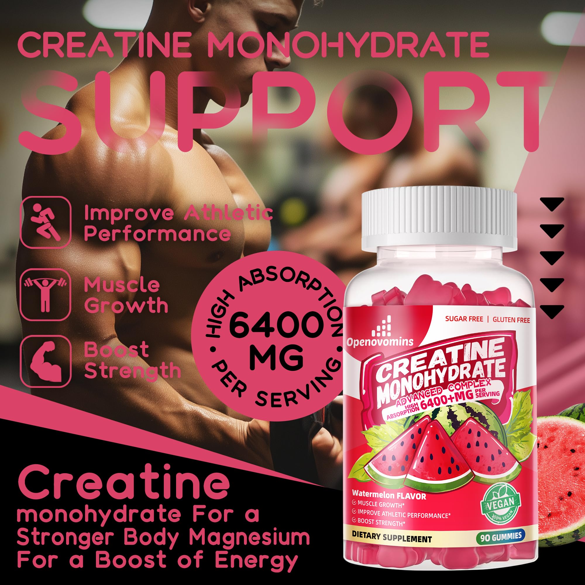 Openovomins Creatine Gummies taurine and B12 ingredients highlighted in advanced formula.