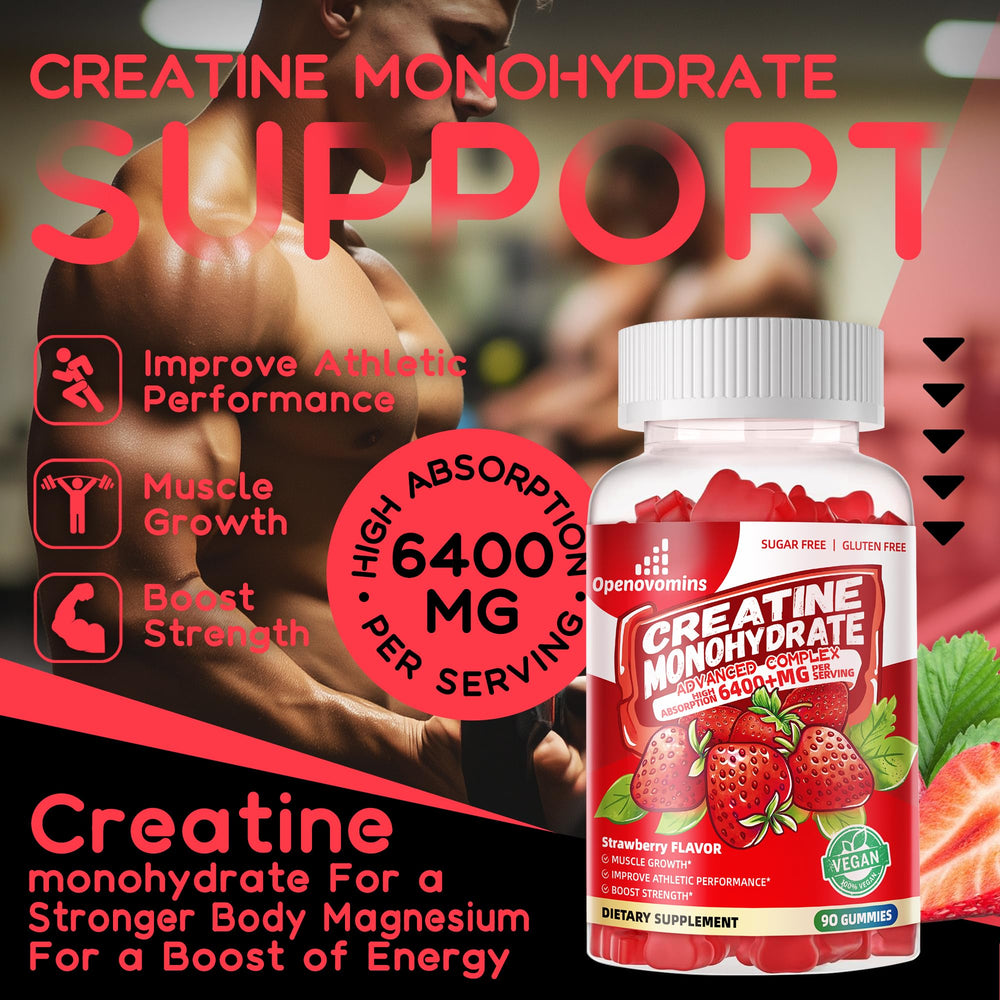 Openovomins Creatine Gummies Taurine Vitamin B12 close-up, enhanced blend for energy support.