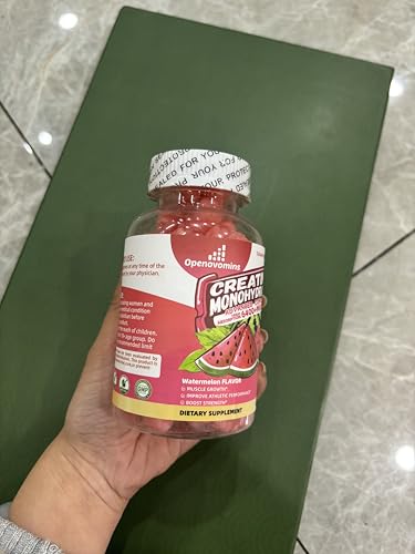 Openovomins Creatine Gummies watermelon flavor label indicating tasty, sugar-free option.
