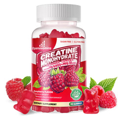 Openovomins Creatine Monohydrate Gummies bottle displaying 90 sugar-free raspberry chews for daily workouts