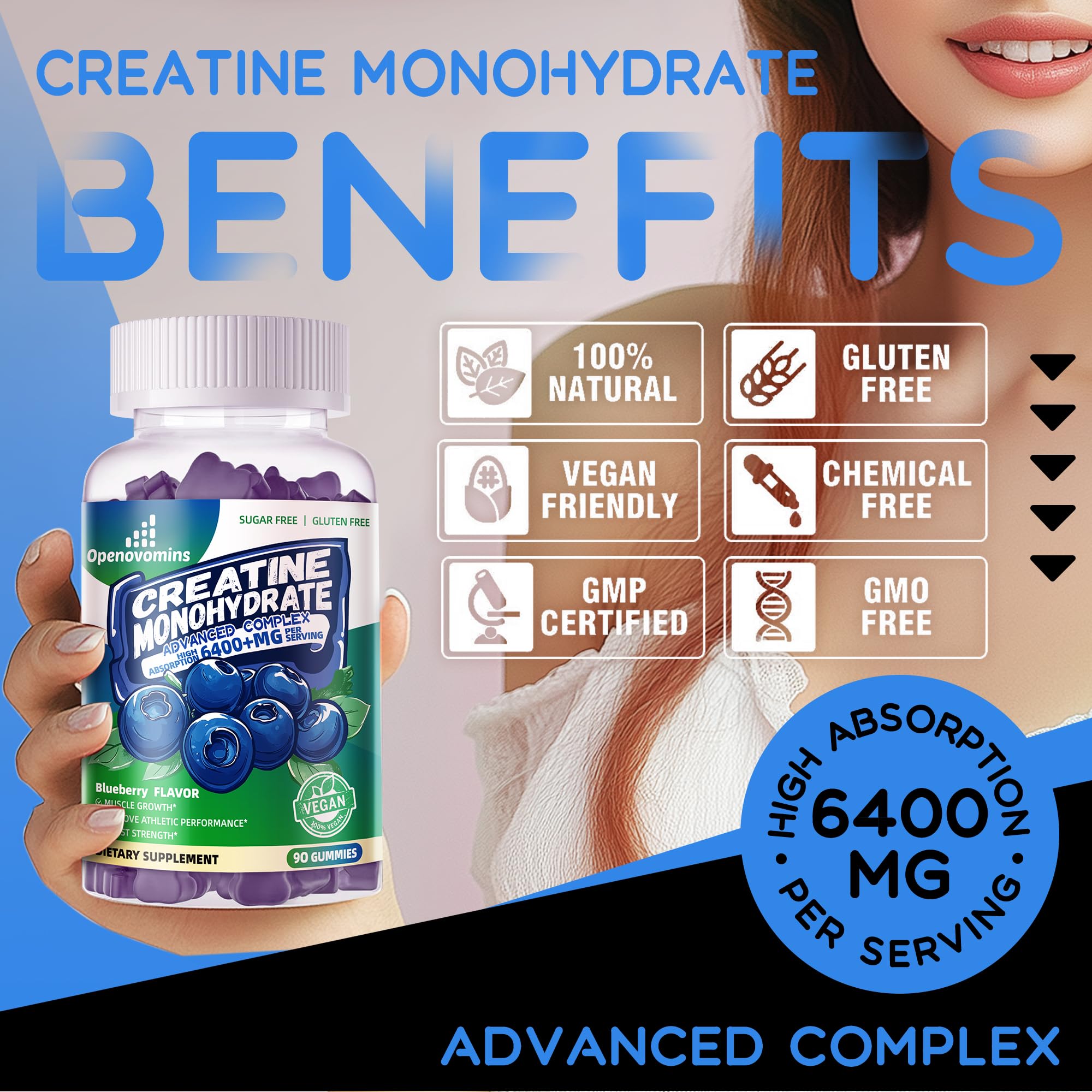 Openovomins Creatine Monohydrate Gummies label view showing non-GMO and gluten-free claims