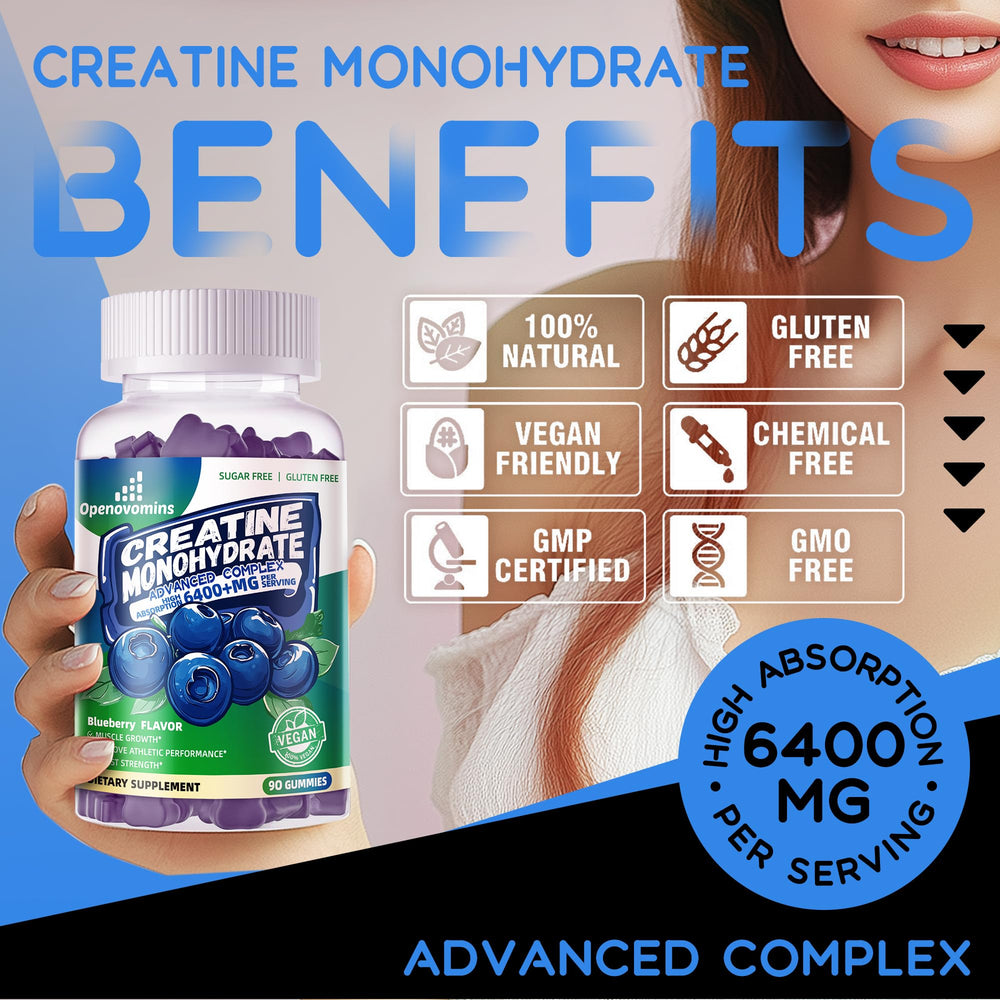Openovomins Creatine Monohydrate Gummies label view showing non-GMO and gluten-free claims
