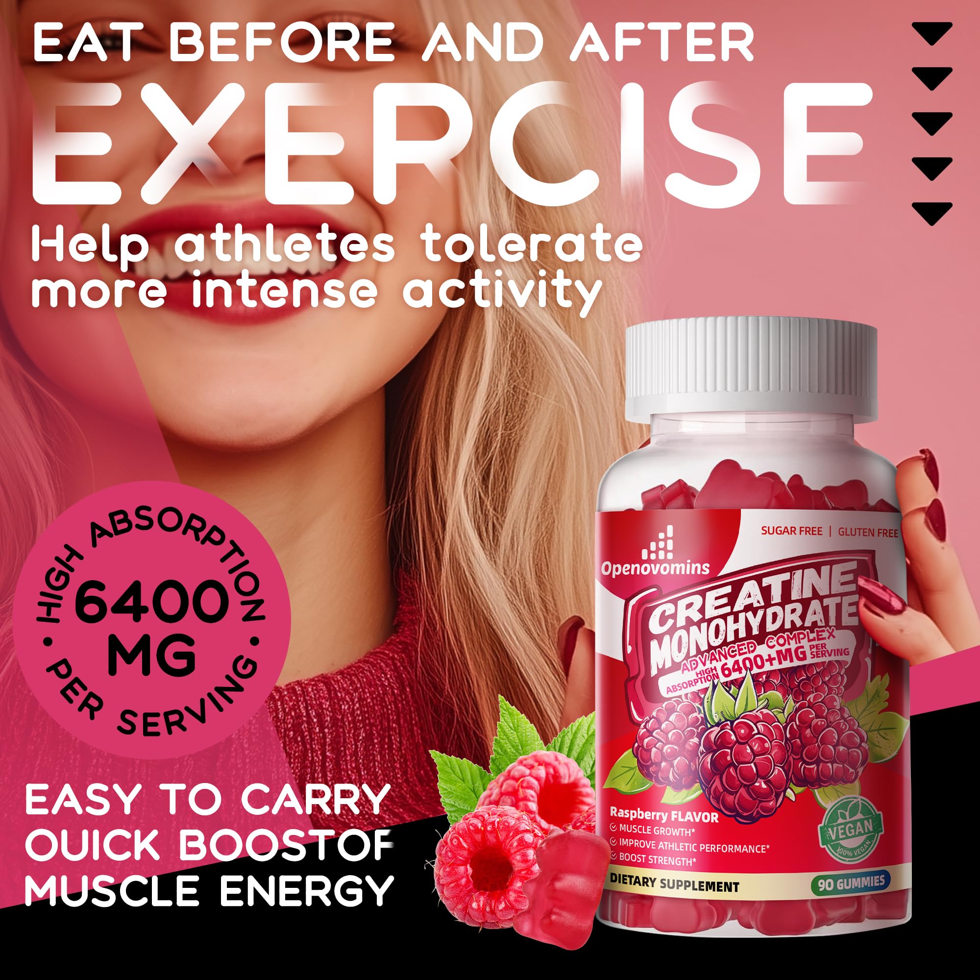 Openovomins gummies with raspberry flavor on light surface