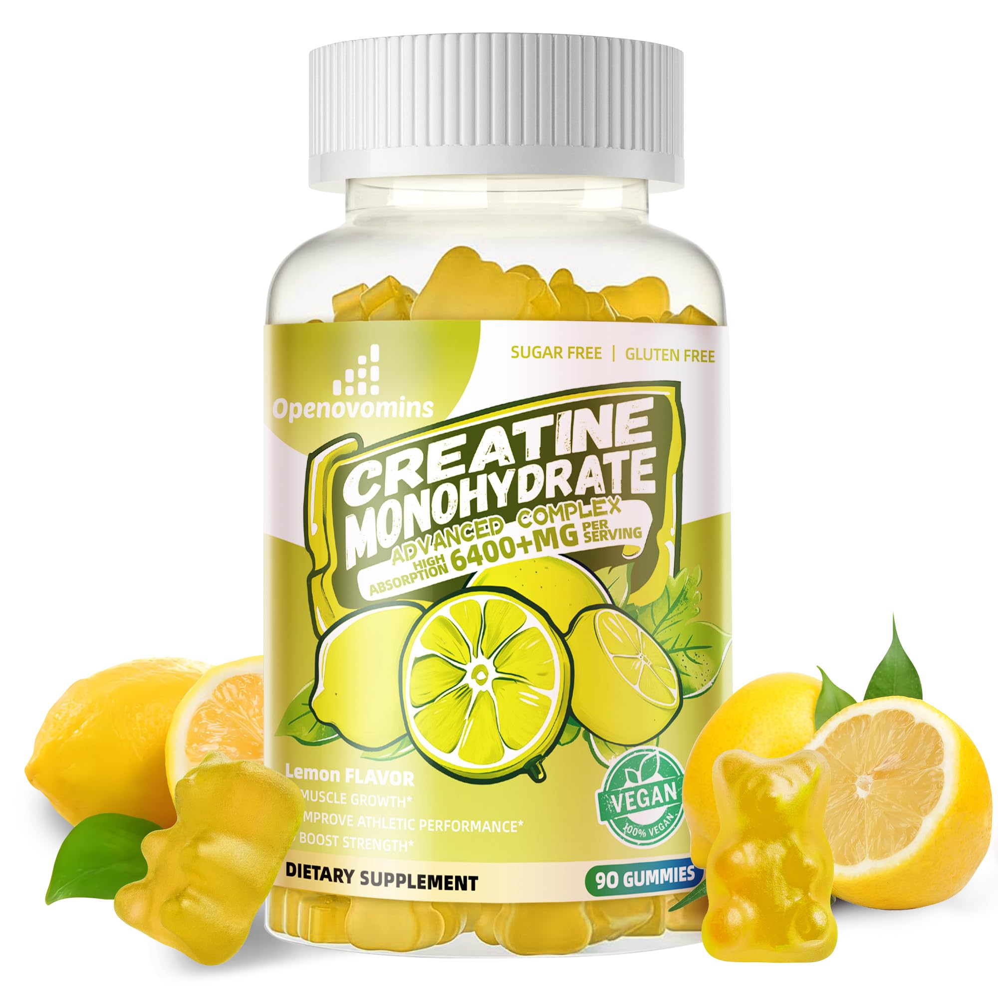 Openovomins creatine monohydrate gummies lemon bottle for easy daily workouts