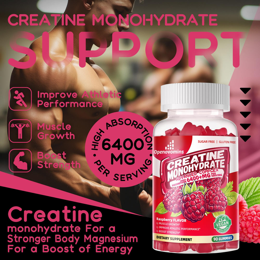 Openovomins Creatine Monohydrate Gummies raspberry chew close-up highlighting flavor and sugar-free formula