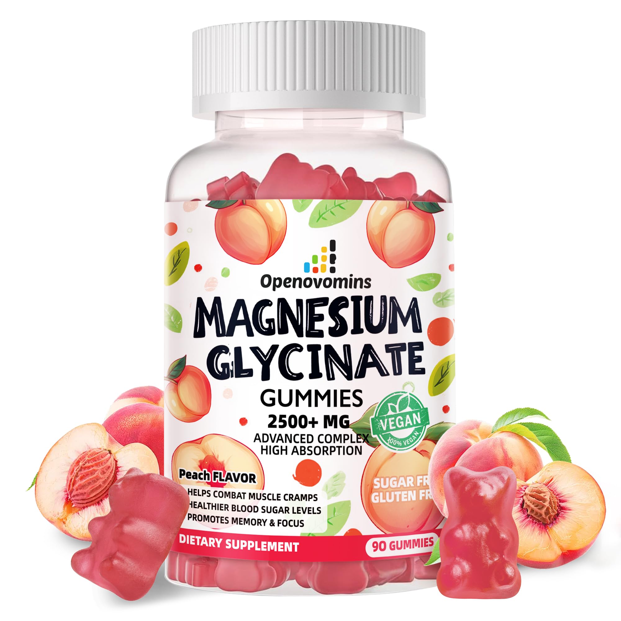 Openovomins magnesium glycinate gummies bottle close-up highlighting calm mood support