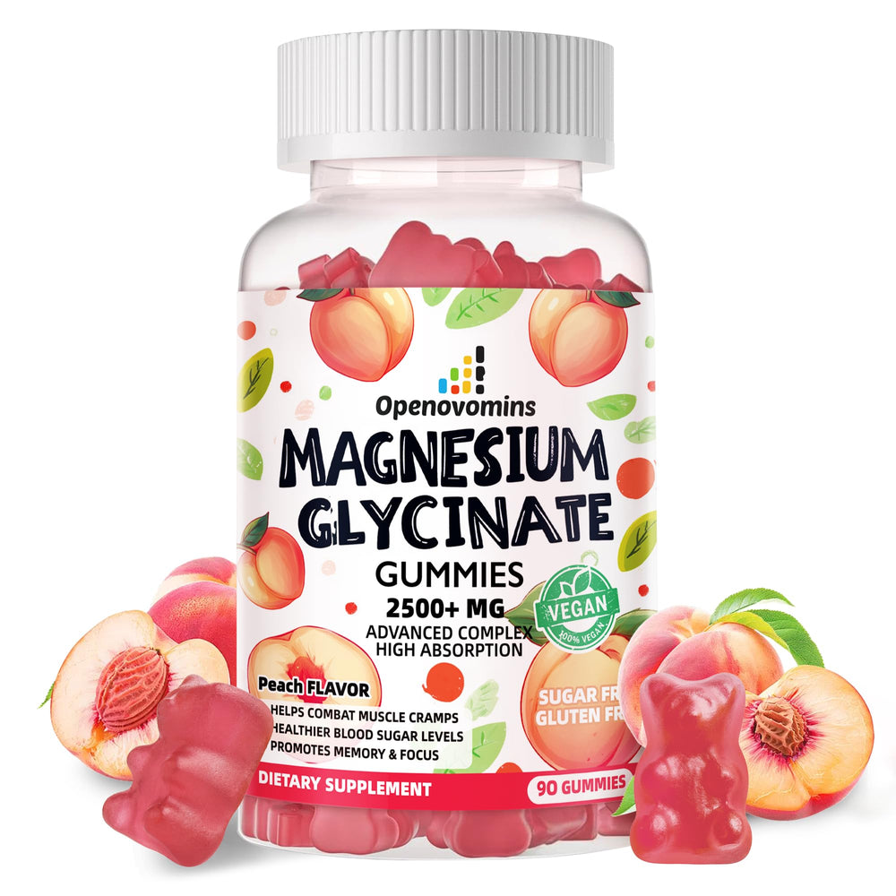 Openovomins magnesium glycinate gummies bottle close-up highlighting calm mood support