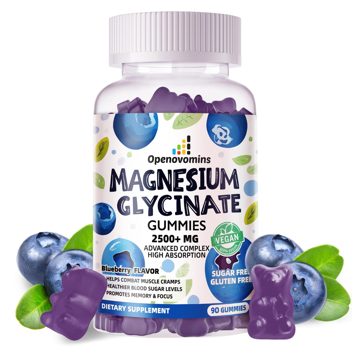 Openovomins Magnesium Glycinate Gummies bottle with blueberry flavor promotes calm mood and daily wellness.