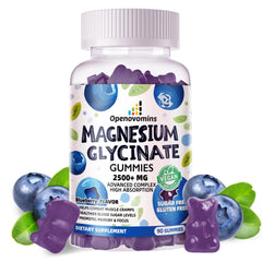 Openovomins Magnesium Glycinate Gummies bottle with blueberry flavor promotes calm mood and daily wellness.