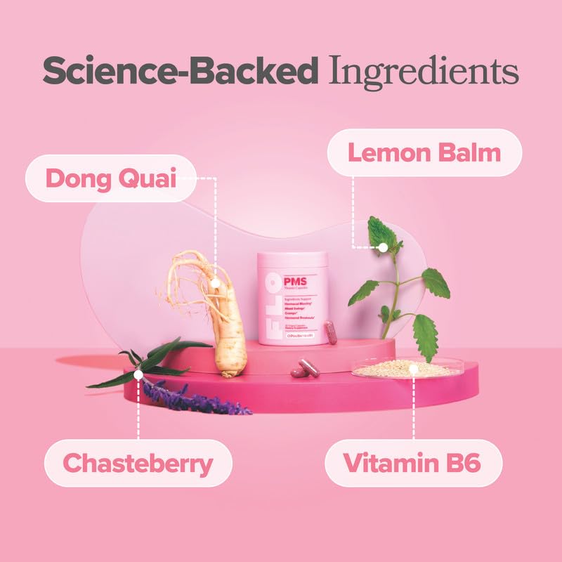 O Positiv FLO PMS Relief chasteberry ingredient detail suggesting natural support.