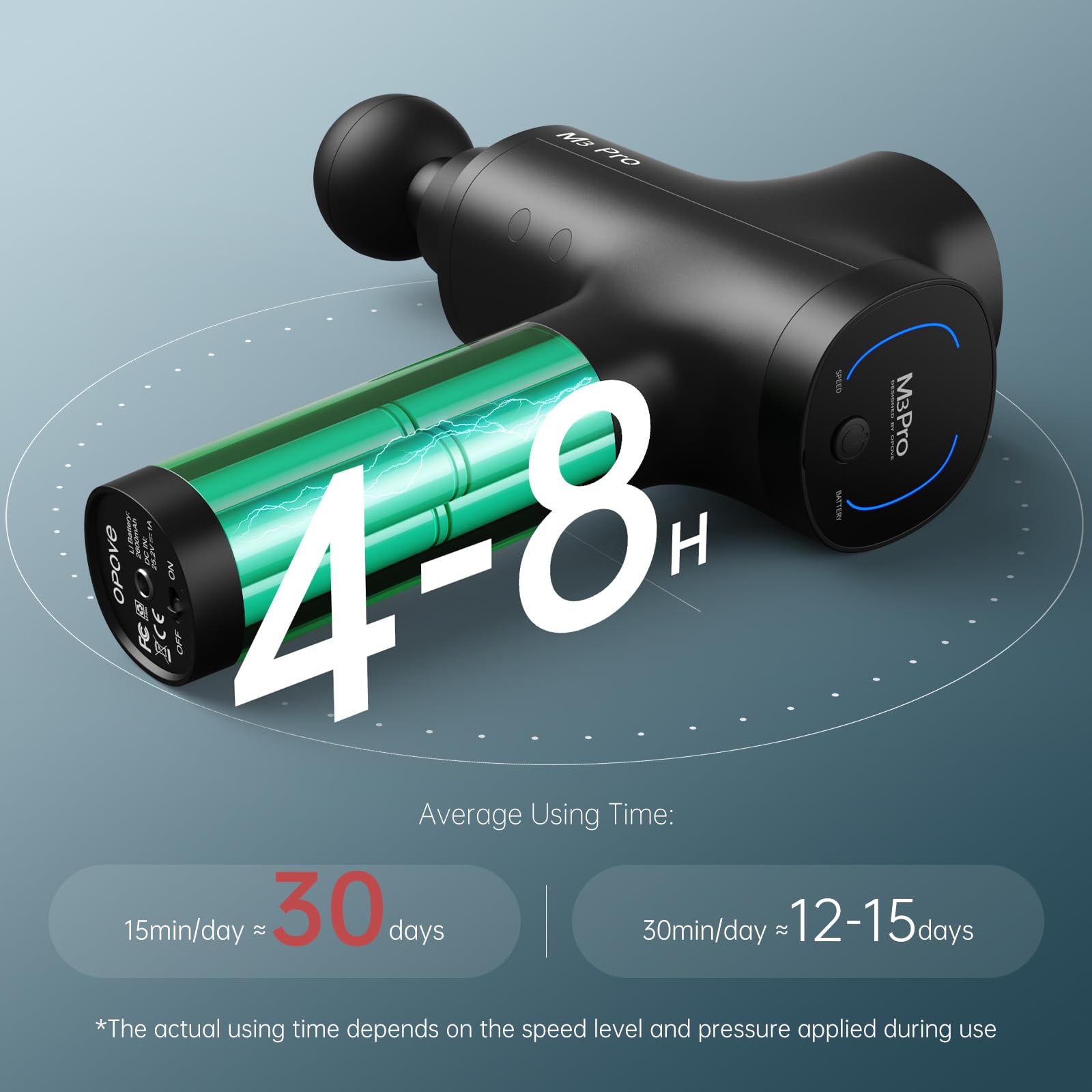 Opove M3 Pro 2 massage gun with 4-8 hour battery life for extended use.