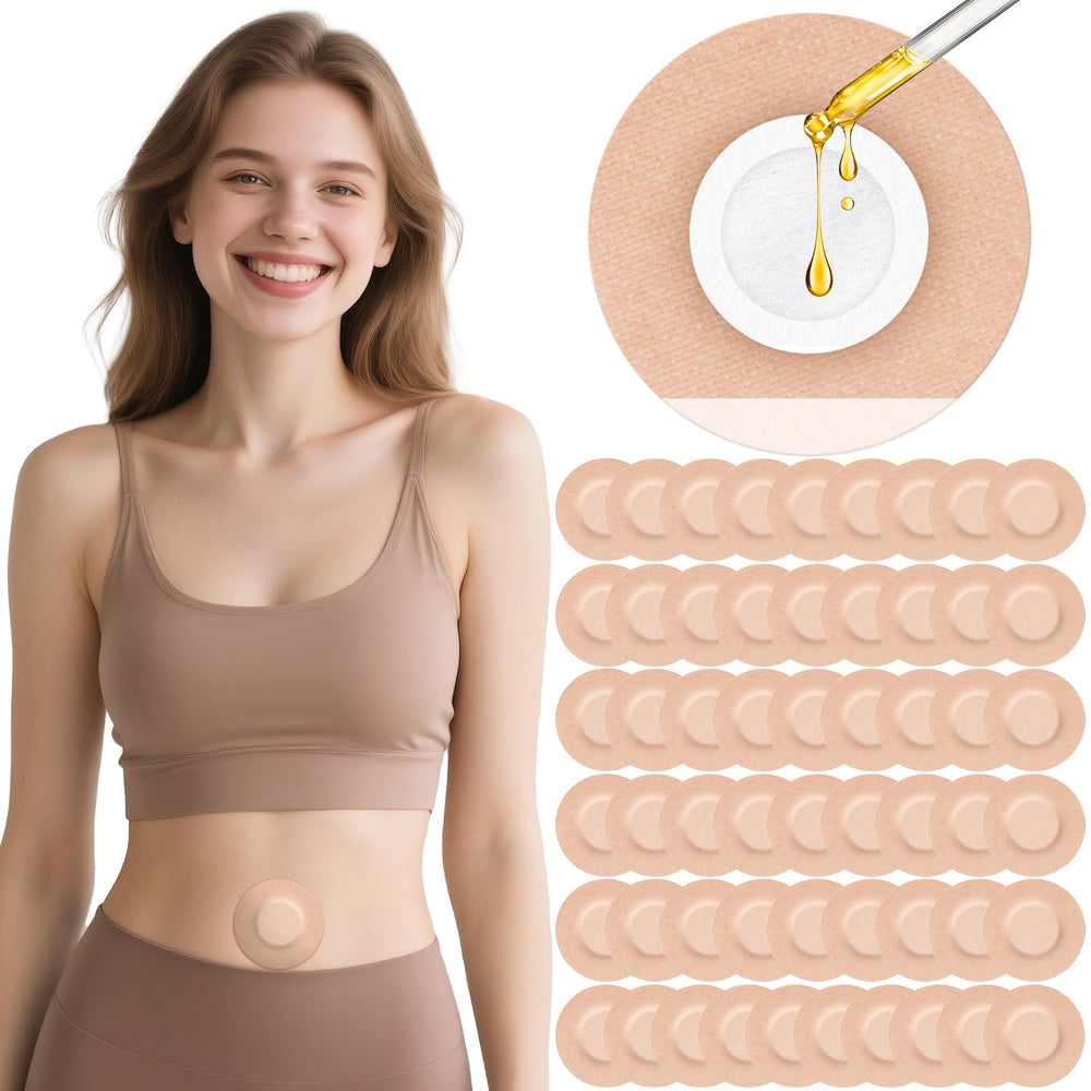 OPOX castor oil patches navel closeup for easy, mess-free use.