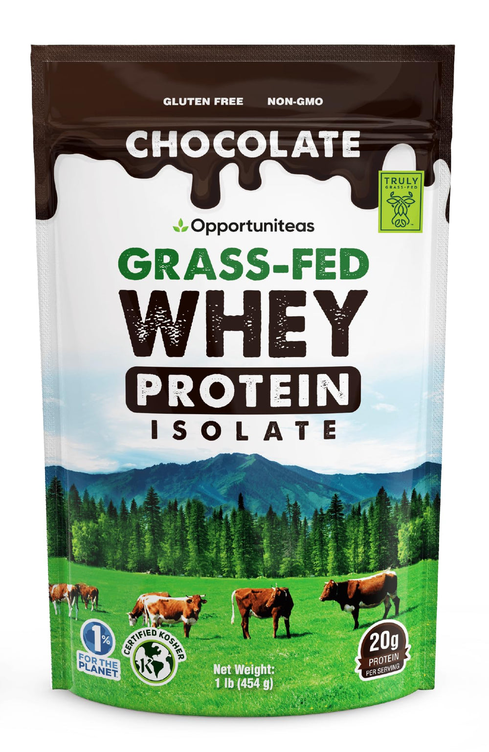 Opportuniteas Grass Fed Chocolate Whey Isolate label highlights clean ingredients