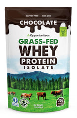 Opportuniteas Grass Fed Chocolate Whey Isolate label highlights clean ingredients