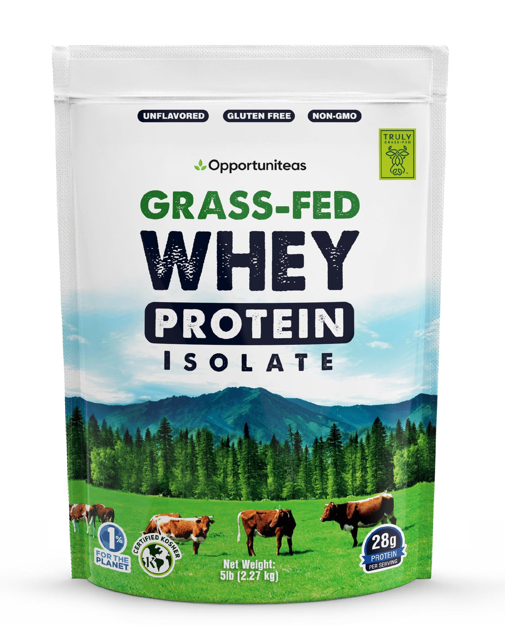 Opportuniteas grass-fed whey isolate unflavored 5lb bag for clean protein on the go.