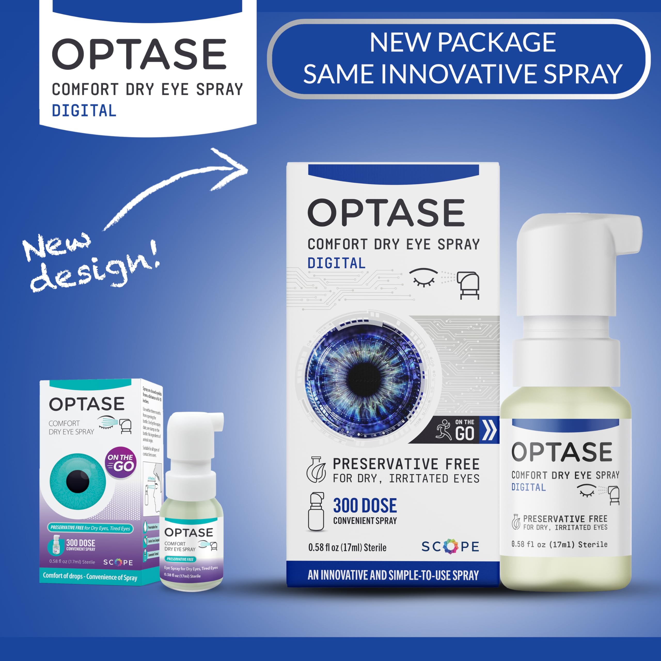Optase Comfort Dry Eye Spray package highlighting preservative-free formula.
