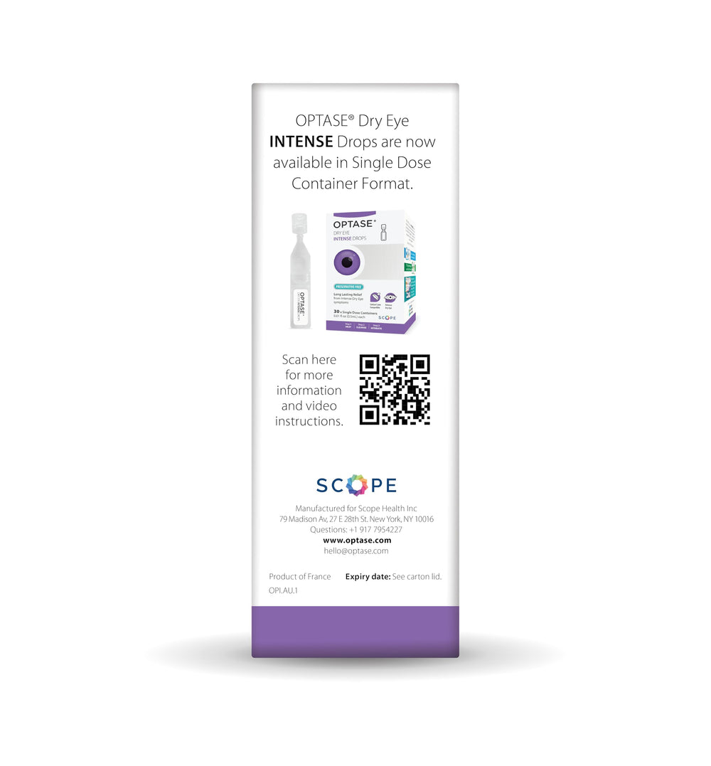 OPTASE Dry Eye Intense Drops packaging side view highlights travel-friendly size.