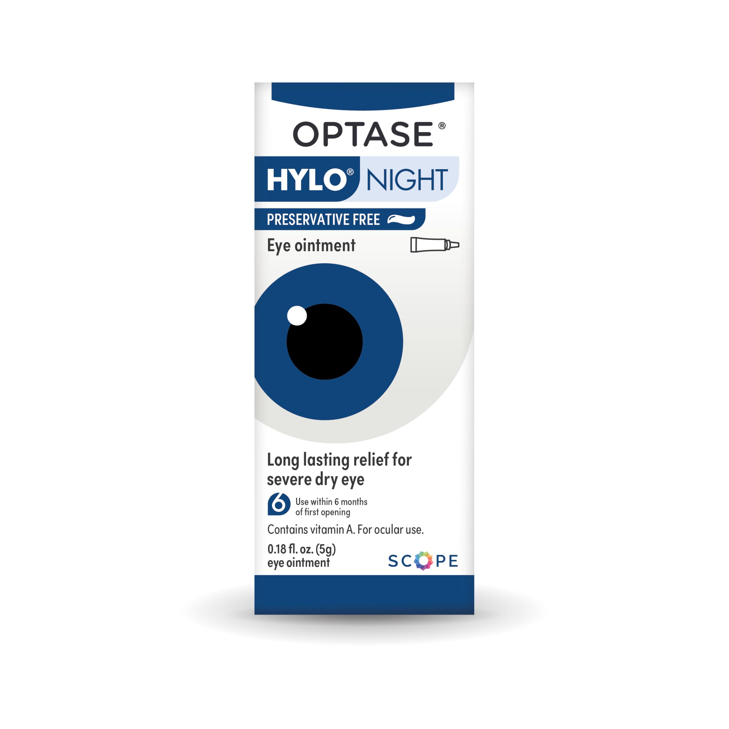 Illustration shows applying Optase HYLO Night Eye Ointment before bed.
