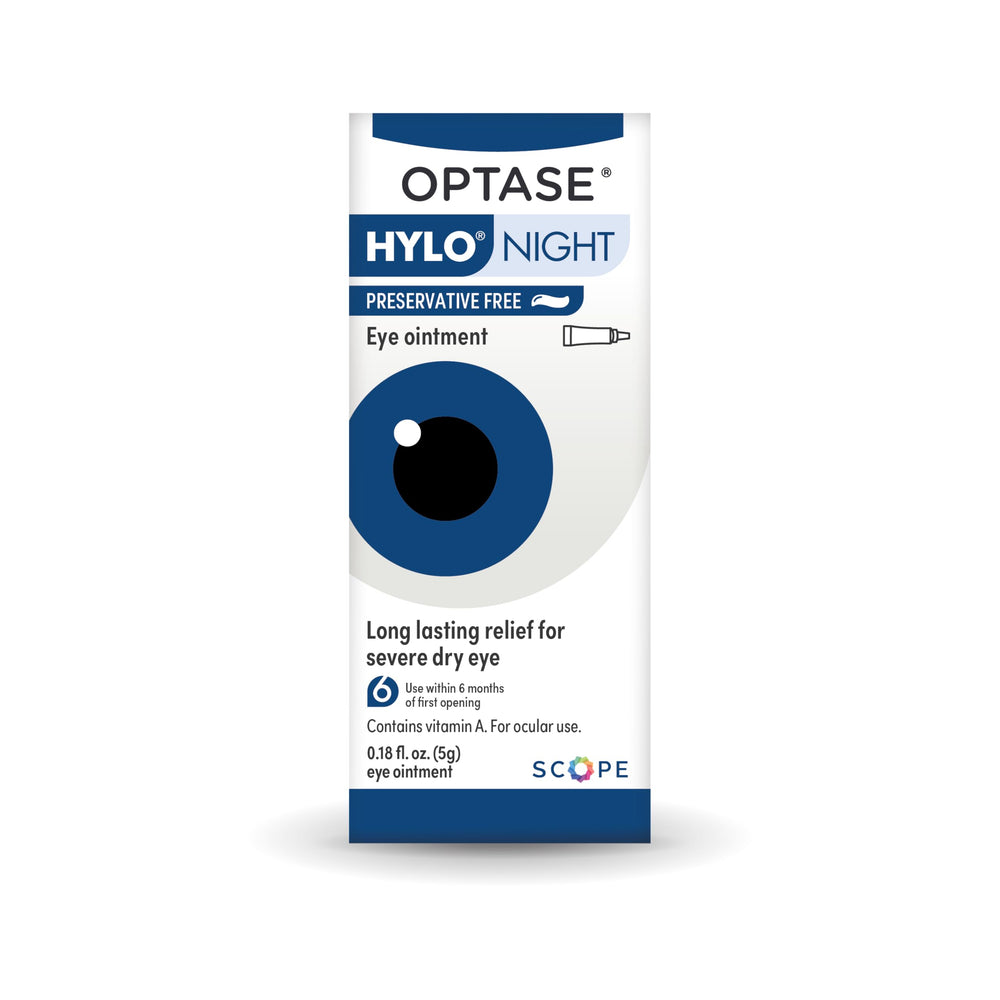 Illustration shows applying Optase HYLO Night Eye Ointment before bed.