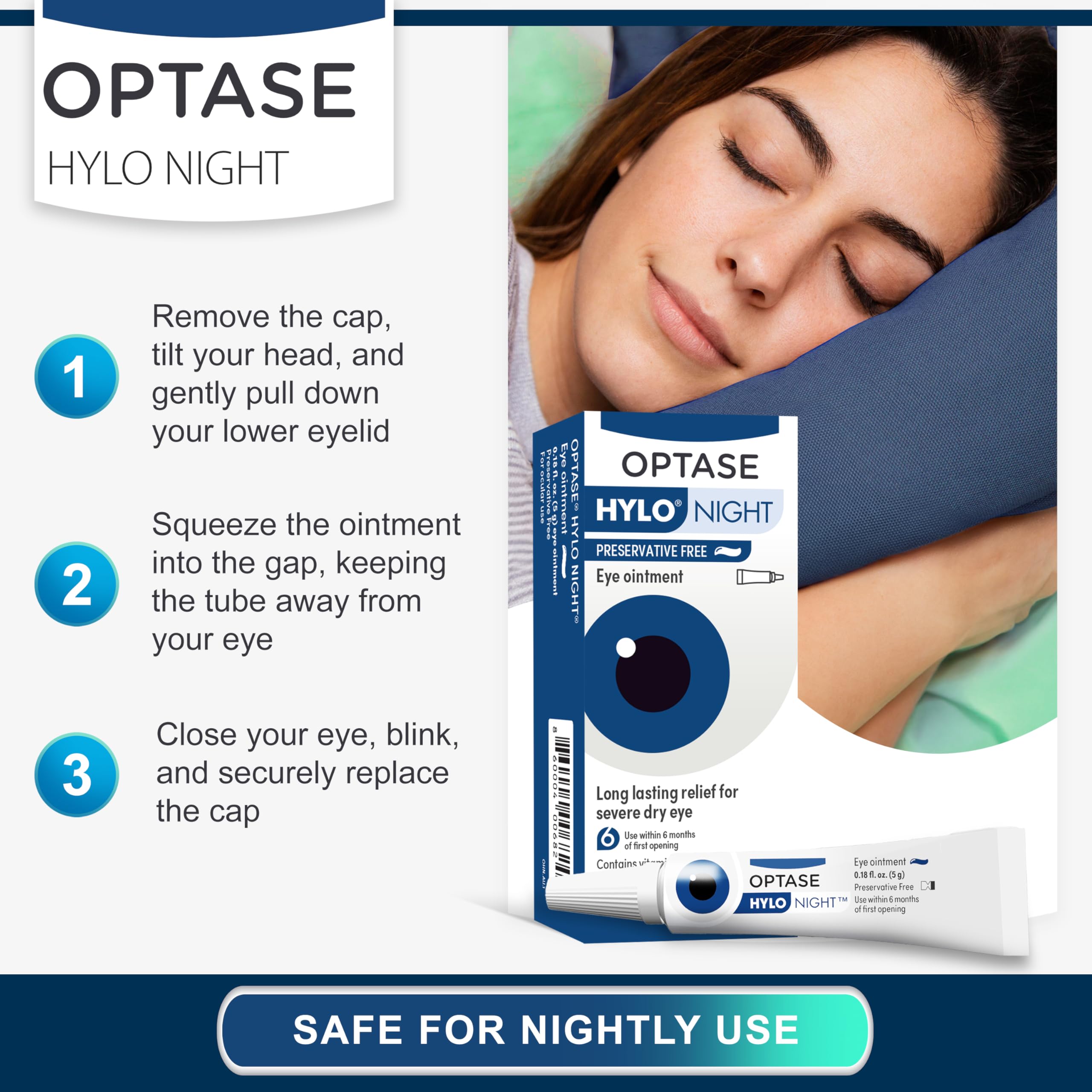 Bedside scene with Optase HYLO Night Eye Ointment for nightly care.