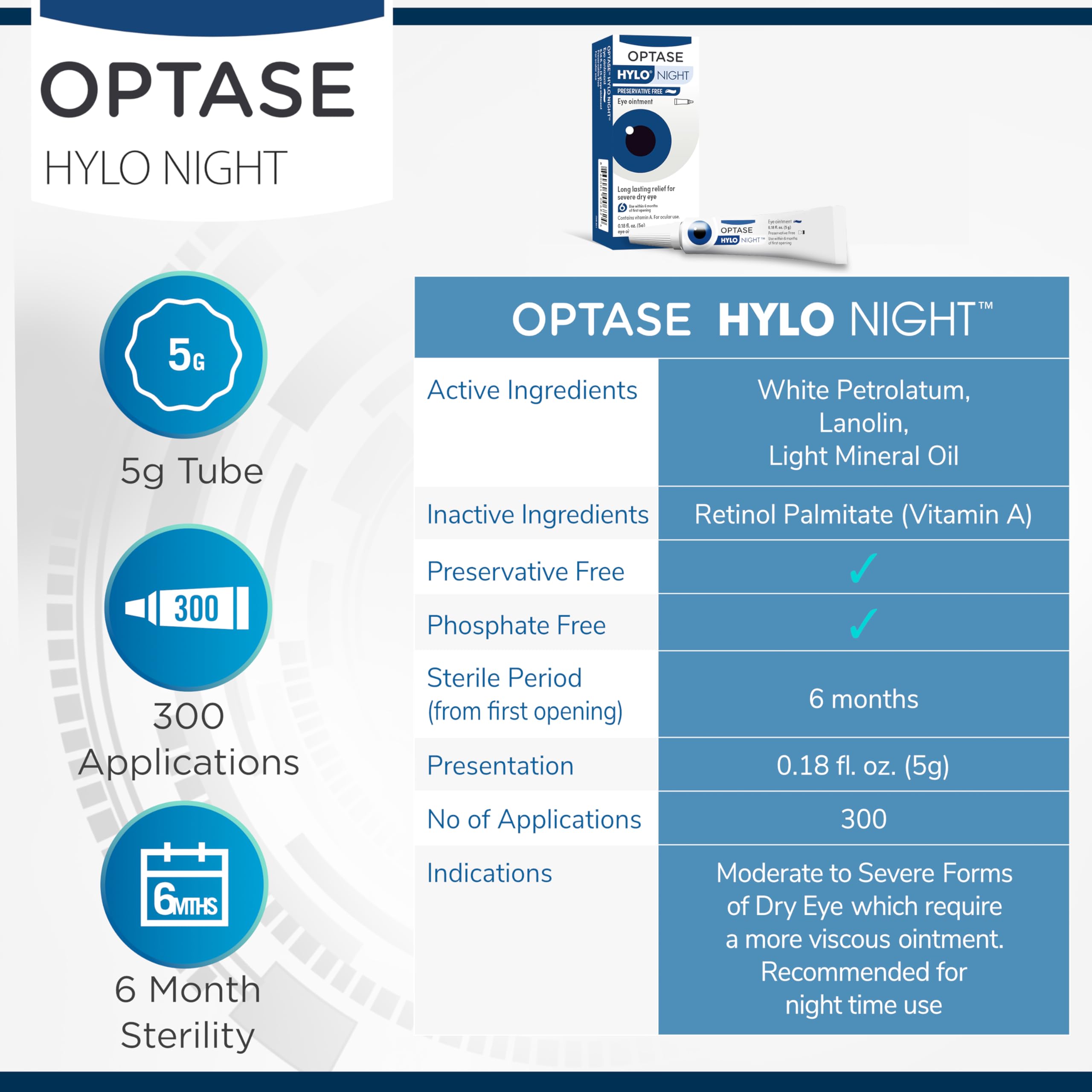 Packaging label shows warnings and directions for Optase HYLO Night Eye.