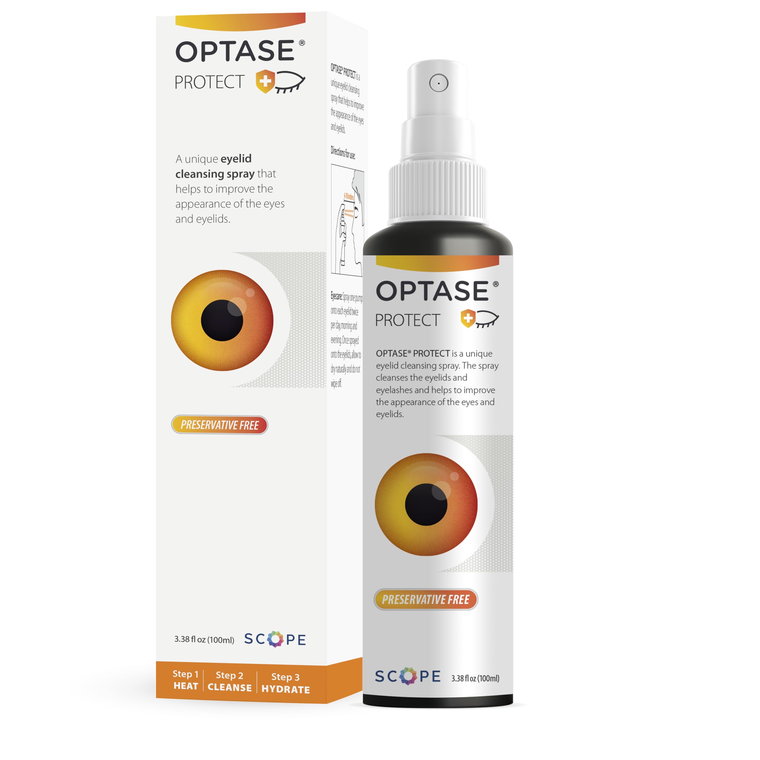 Optase Protect eyelid cleansing spray bottle for gentle daily eyelid hygiene.