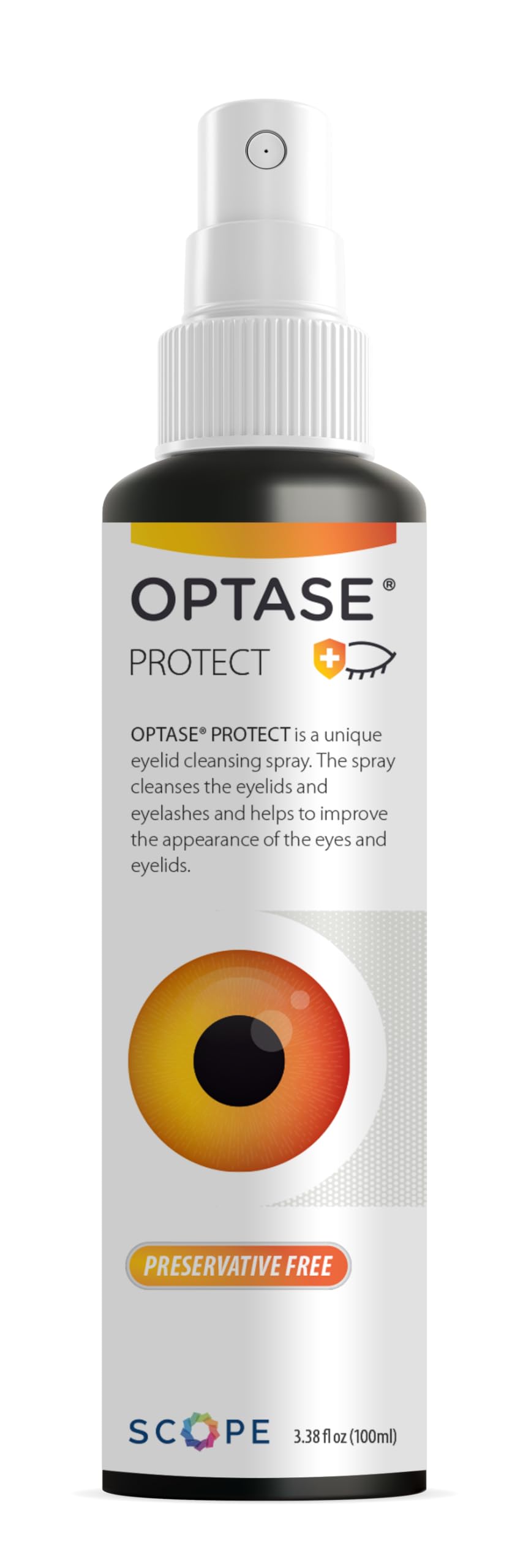 Optase Protect spray nozzle shown for quick eyelid cleaning.