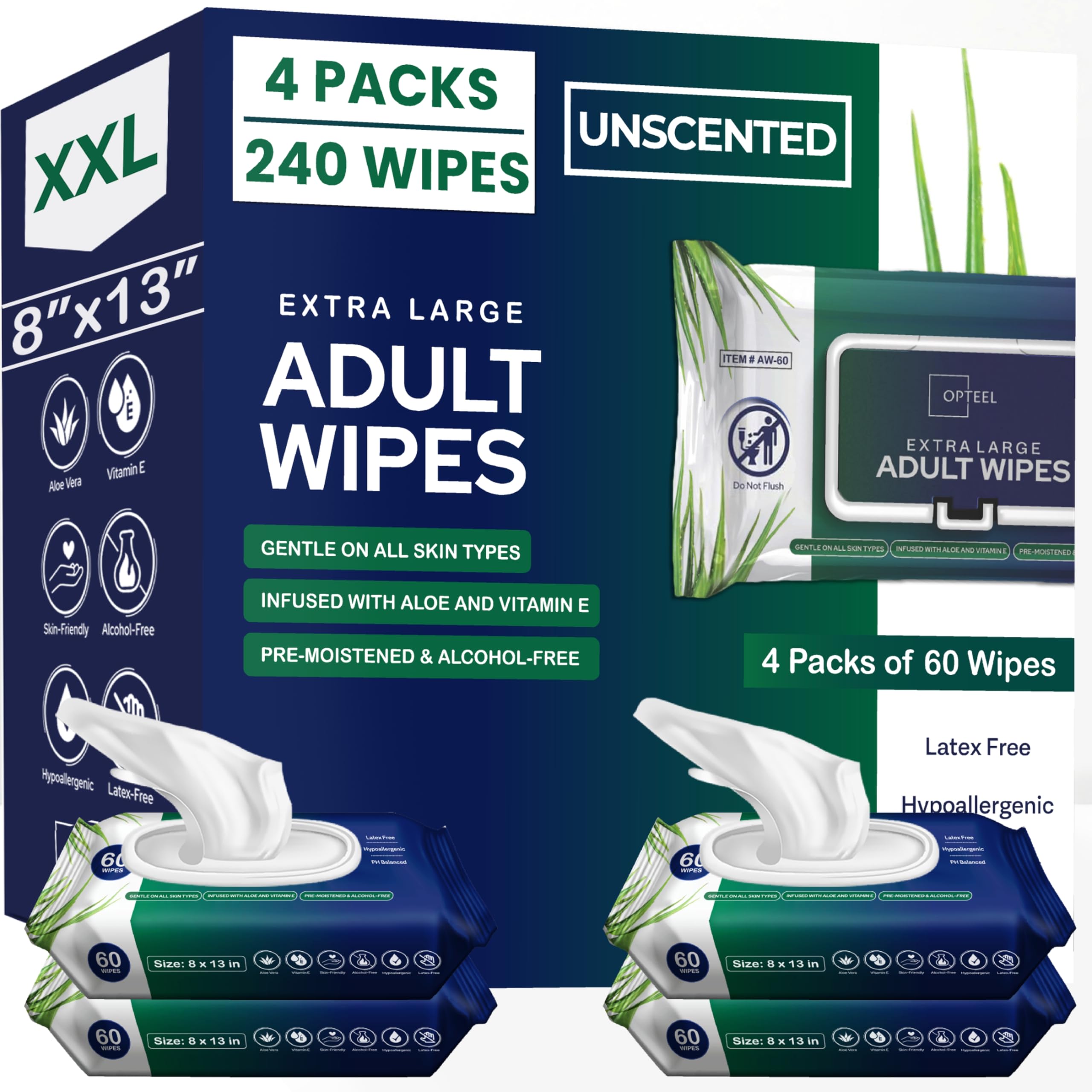 OPTEEL adult wipes in 8x13 size offering broad coverage for thorough cleansing.