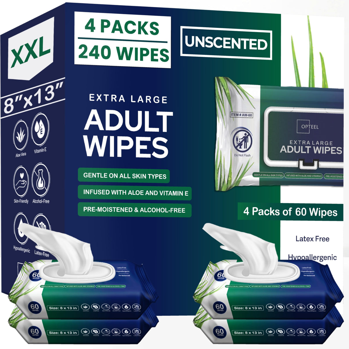 OPTEEL adult wipes in 8x13 size offering broad coverage for thorough cleansing.