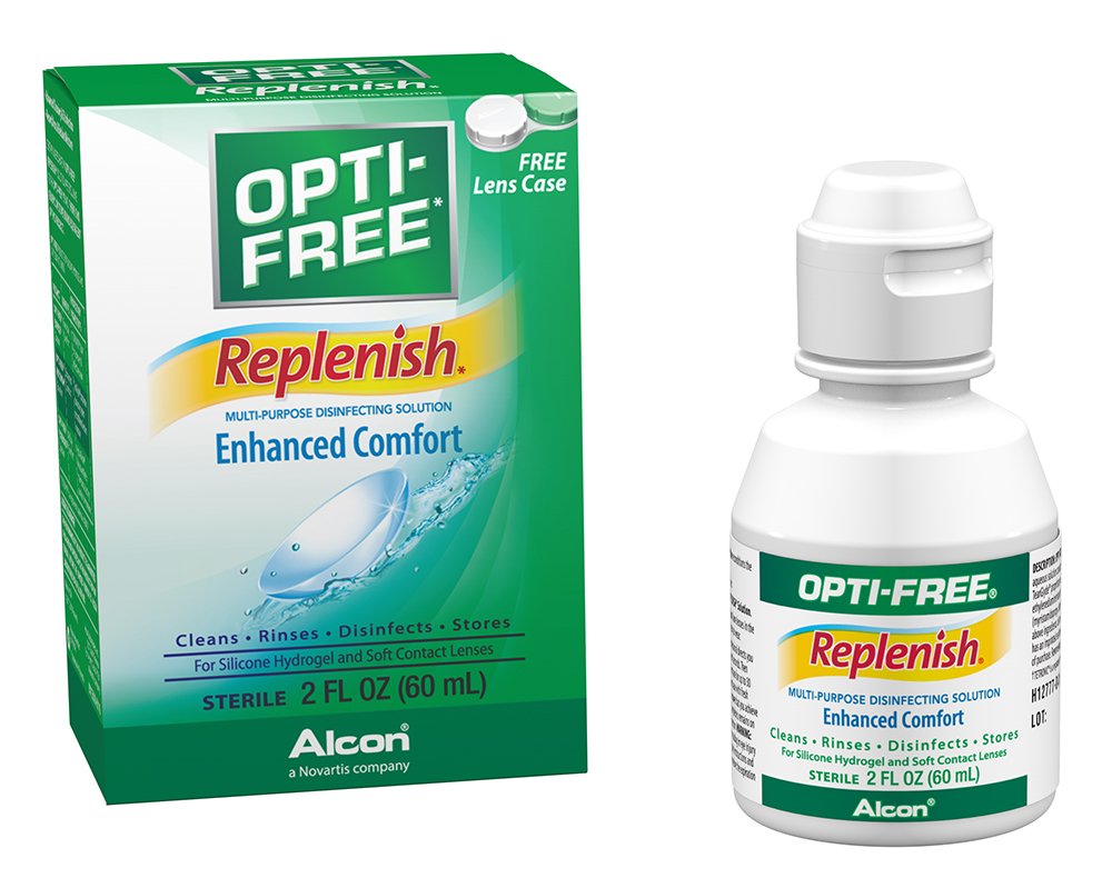 Opti-Free Replenish bottle and cap for easy daily cleaning and disinfection