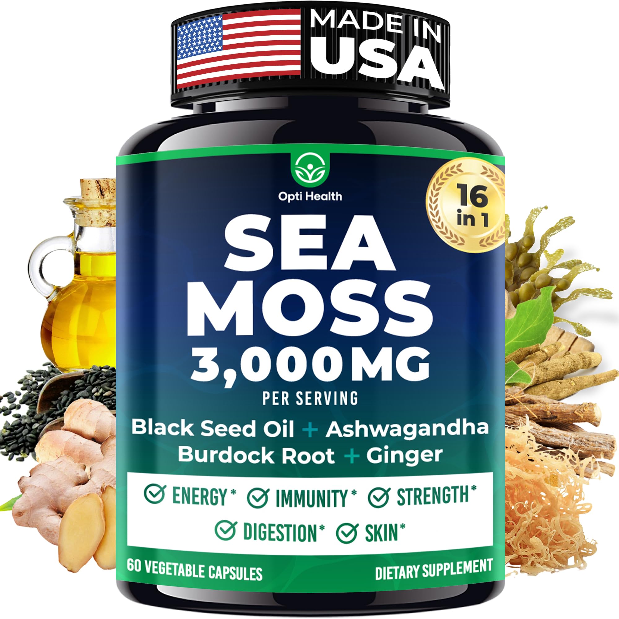 Opti Health Sea Moss Capsules bottle front for daily wellness convenience.