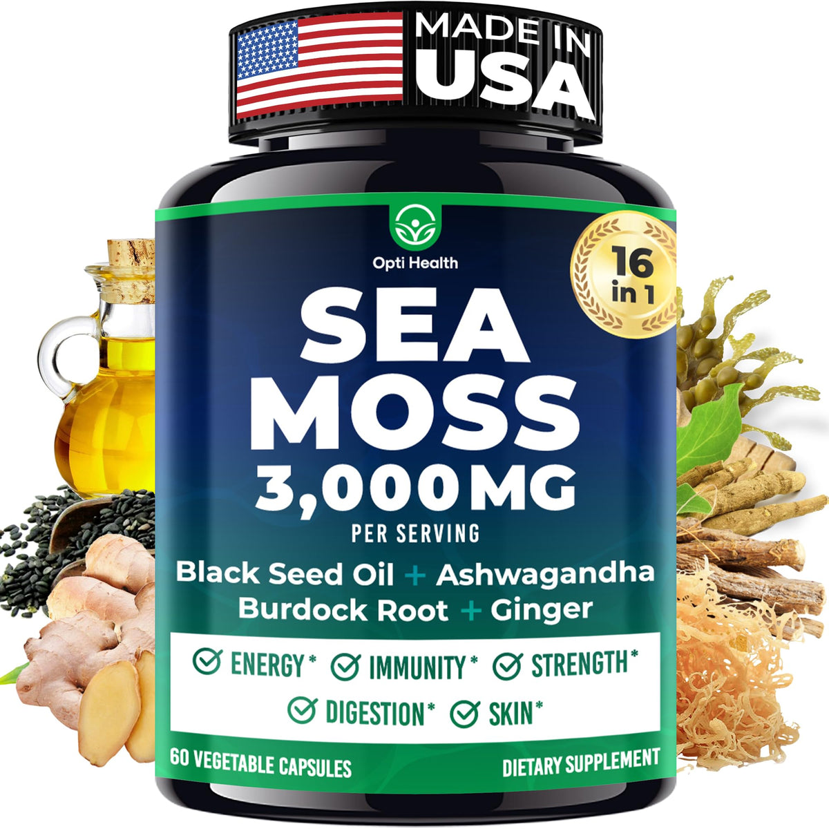 Opti Health Sea Moss Capsules bottle front for daily wellness convenience.
