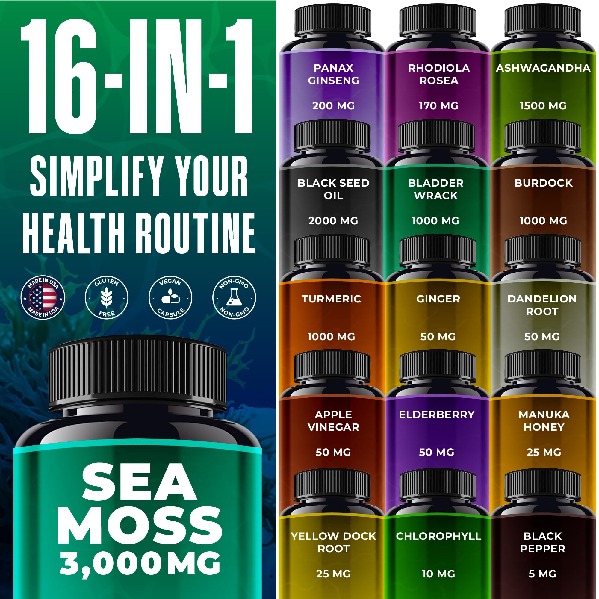 Opti Health Sea Moss Capsules label close-up highlighting vegan, non-GMO formula.
