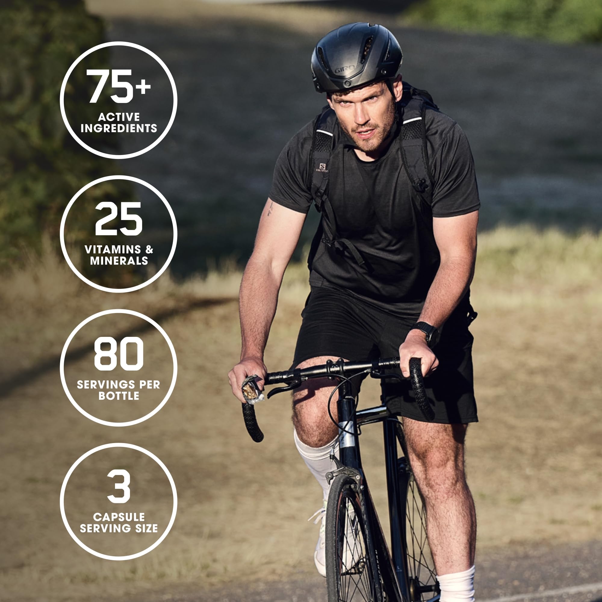 Optimum Nutrition Opti-Men blend graphic illustrating 75+ ingredients across four blends.