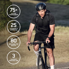 Optimum Nutrition Opti-Men blend graphic illustrating 75+ ingredients across four blends.
