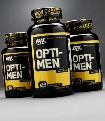 Optimum Nutrition Opti-Men tablet tray showing three-tablet daily dosing.