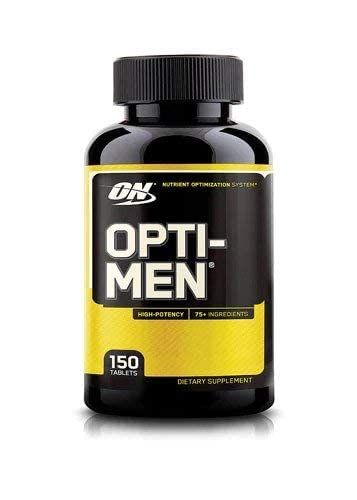 Optimum Nutrition Opti-Men bottle beside a dinner setting to illustrate take-with-meal use.