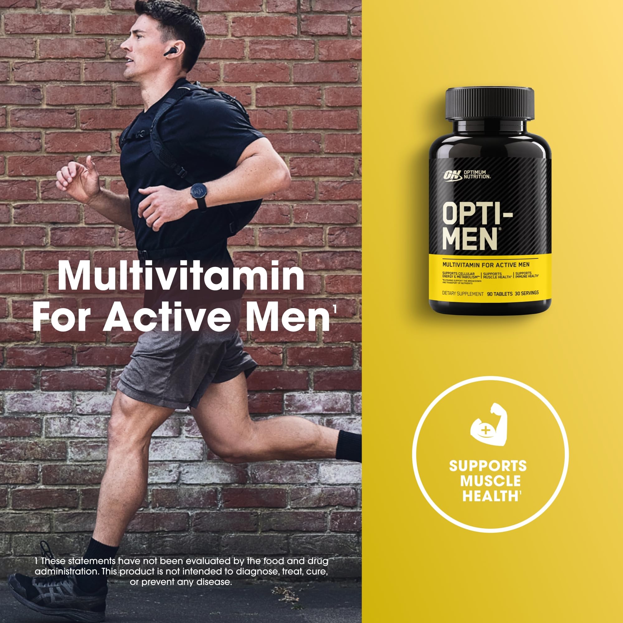 Optimum Nutrition Opti-Men label close-up highlights vitamins for immune and energy support.