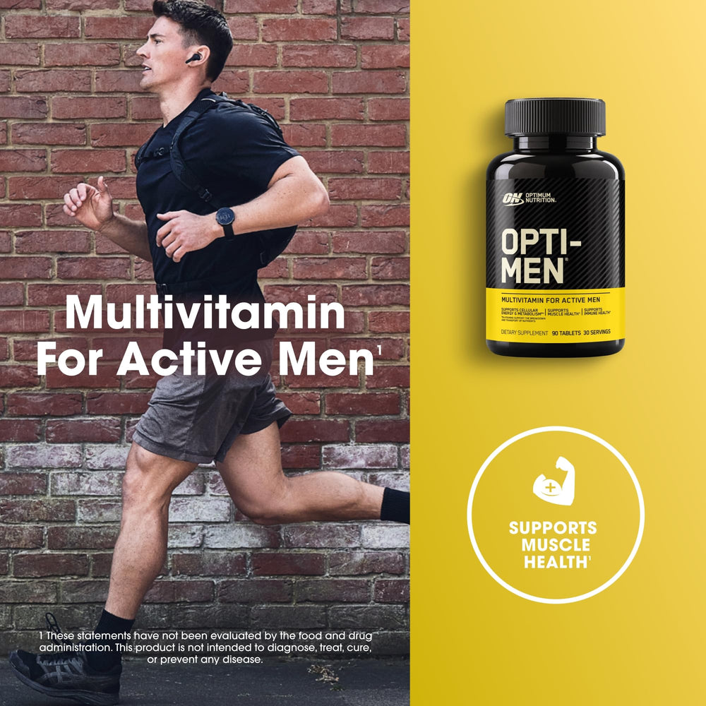 Optimum Nutrition Opti-Men label close-up highlights vitamins for immune and energy support.