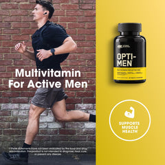 Optimum Nutrition Opti-Men label close-up highlights vitamins for immune and energy support.