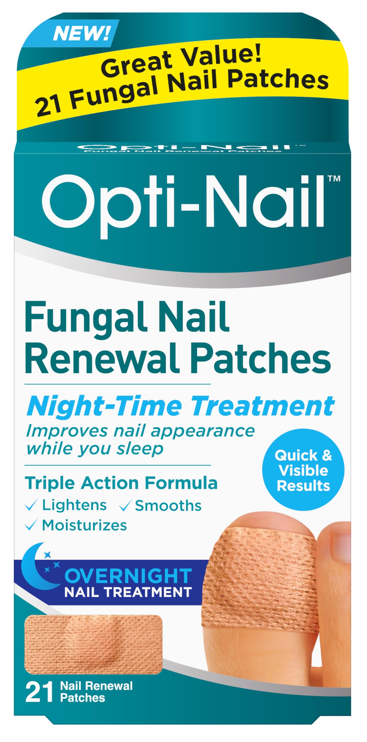 Opti-Nail patch on damaged toenail for overnight renewal and smoother appearance.
