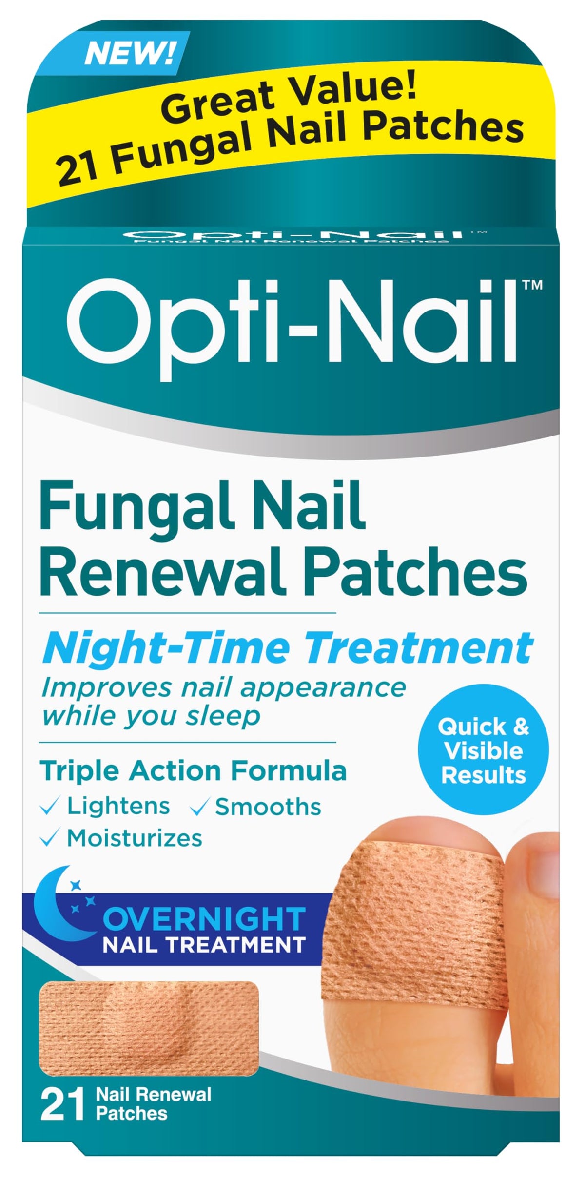 Opti-Nail patch on damaged toenail for overnight renewal and smoother appearance.