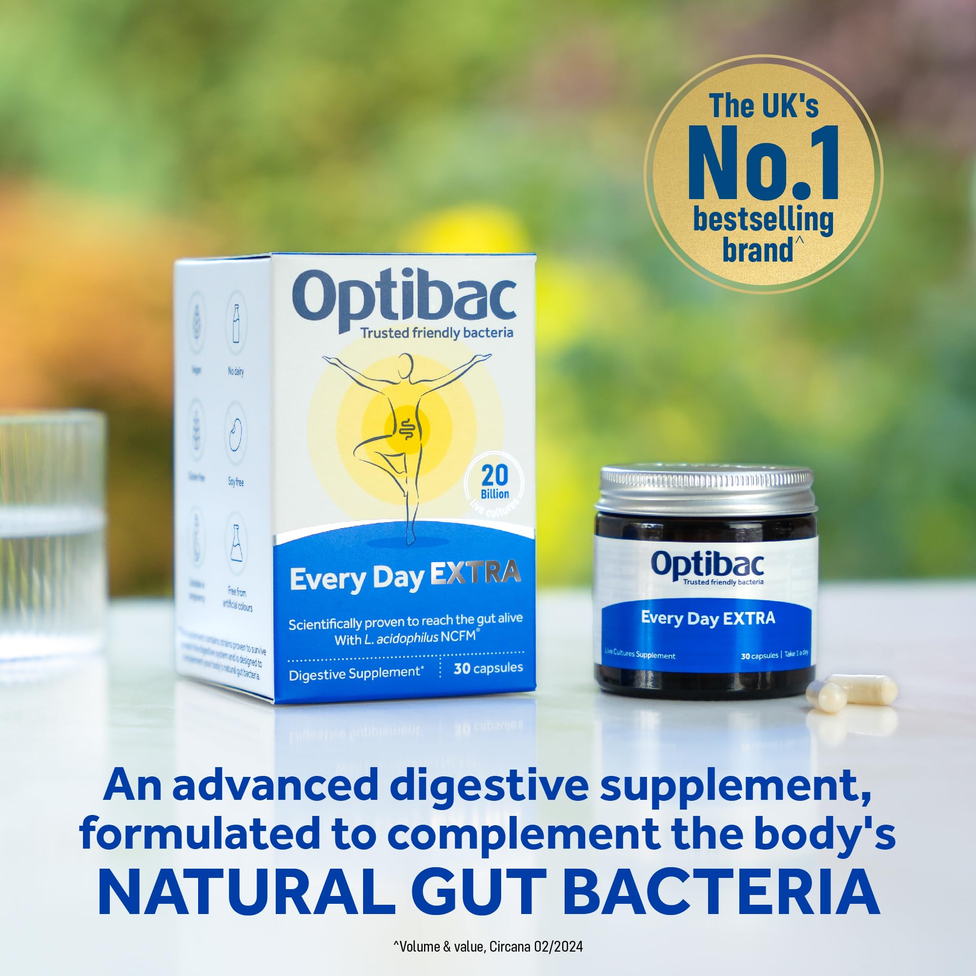 Close-up of OptiBac 20B CFU capsule highlighting high-strength probiotic formula.