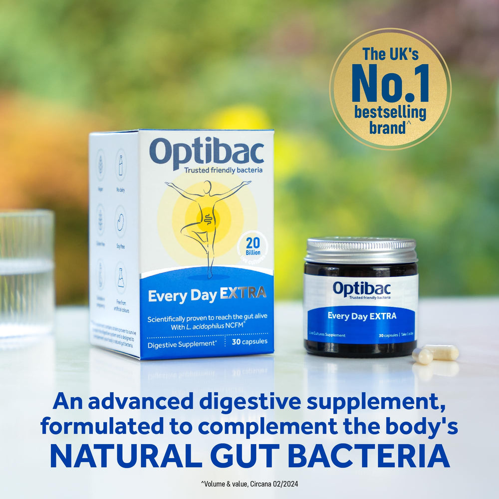 Close-up of OptiBac 20B CFU capsule highlighting high-strength probiotic formula.
