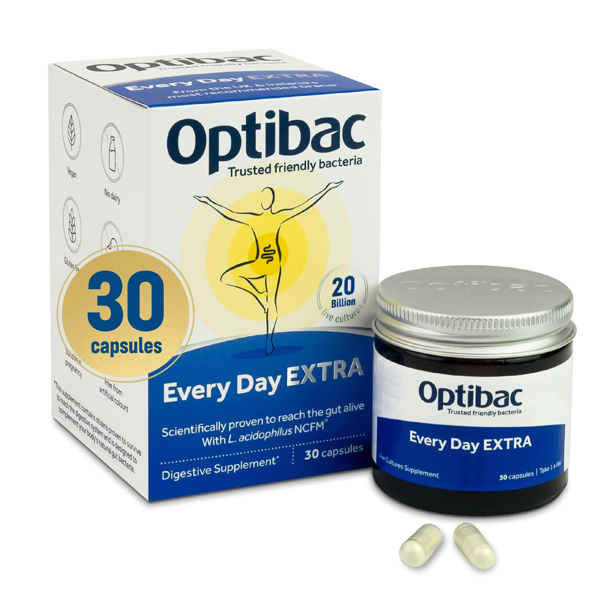 OptiBac Every Day Extra bottle with capsules for daily digestive health.
