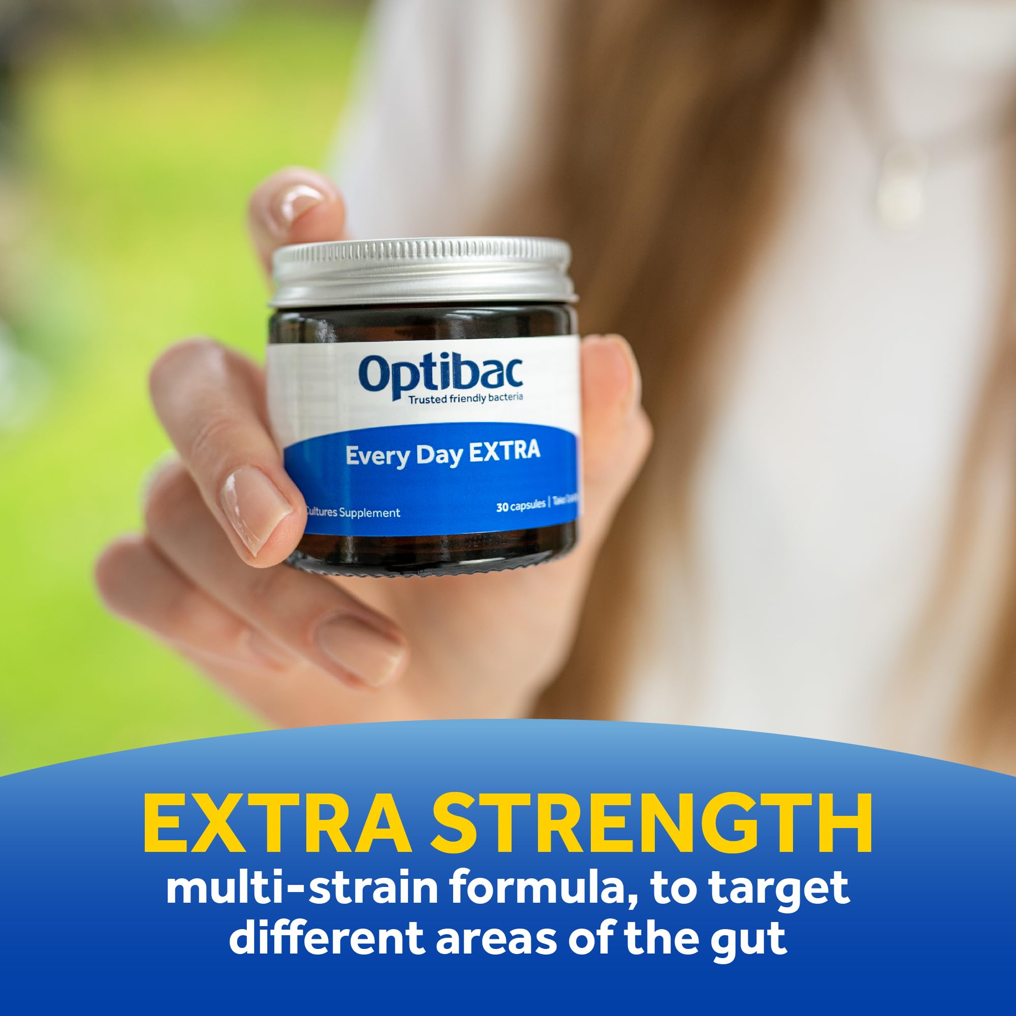 Vegan label on OptiBac packaging emphasizing dairy-free probiotic supplement.