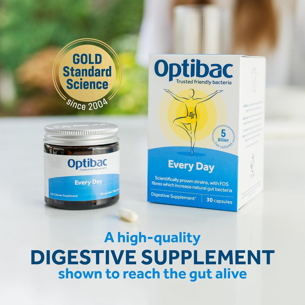 Close-up of OptiBac Probiotics capsules showing 5 billion CFU per capsule.